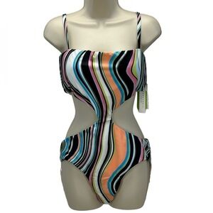 Sanctuary Swim Wave Stripe Print Side Cutout One Piece Swimsuit - size Large